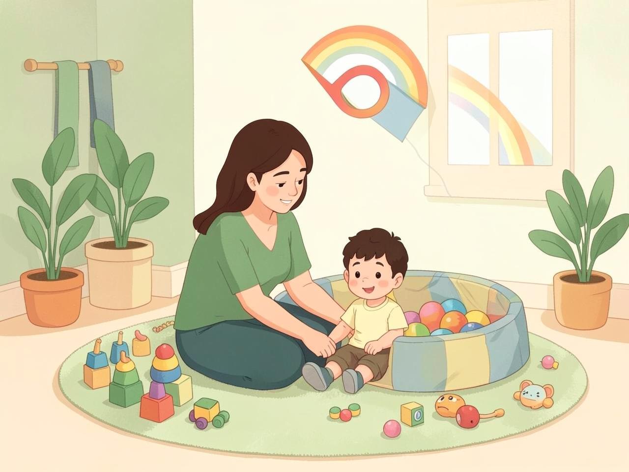 Terapeuta ocupacional brincando com criança em sala sensorial com brinquedos coloridos